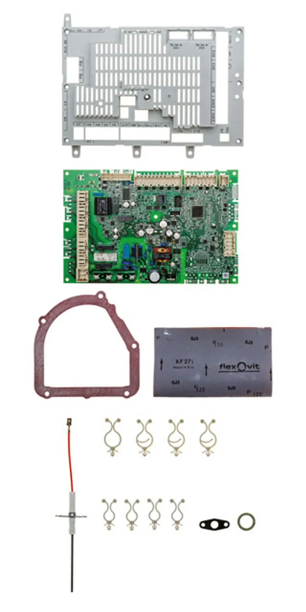 Brötje-Service-Kit bestehend aus einer Platine, einer Dichtung, einem Sensor, mehreren Clips und einer Halterung.