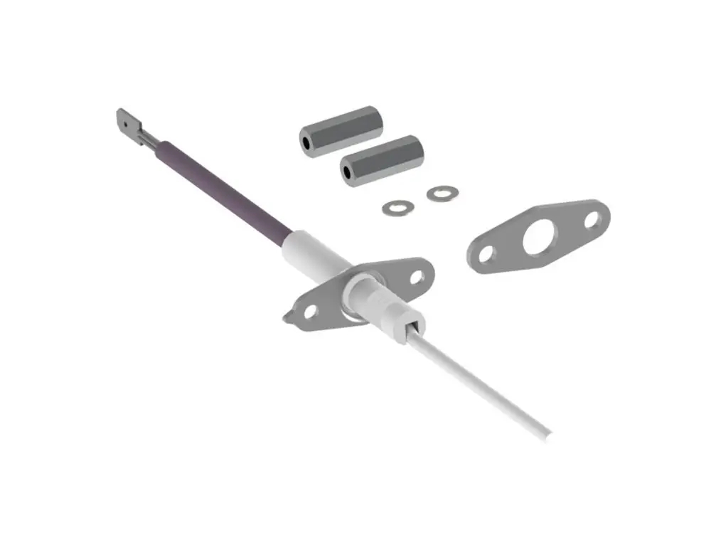 Ionisationselektrode von Brötje mit einem langen Kabel, zwei Befestigungselementen, einer silbernen Halterung und einer weißen Isolierung.