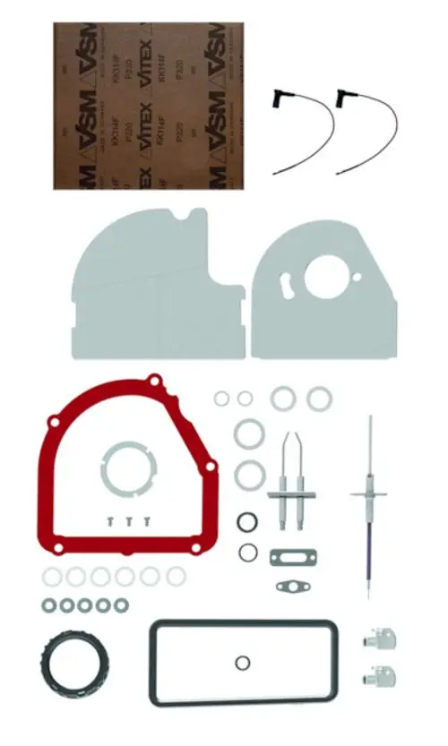 Wartungsset für Brötje Kessel, bestehend aus Dichtungen, Fittings, O-Ringen und weiteren Komponenten zur Wartung und Instandhaltung des Geräts.