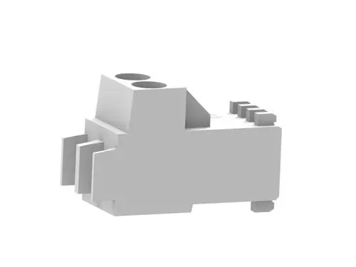 Stecker von Brötje in rechteckiger Form mit zwei runden Öffnungen und mehreren seitlichen Kanten, geeignet für elektrische Verbindungen.
