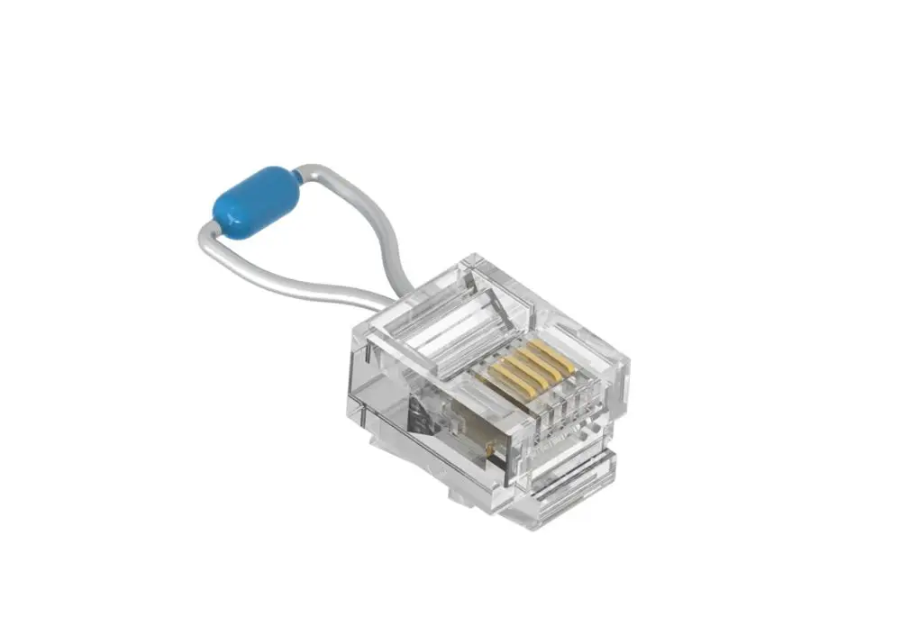 Stecker mit transparentem Gehäuse und goldenen Kontaktelementen, verbunden mit einem blauen Widerstand, hergestellt von Brötje.