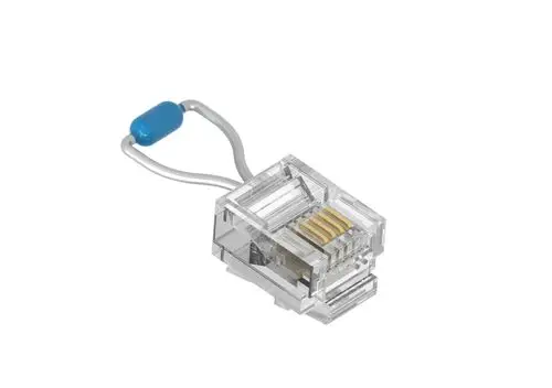 Stecker mit transparentem Gehäuse und goldenen Kontaktelementen, verbunden mit einem blauen Widerstand, hergestellt von Brötje.