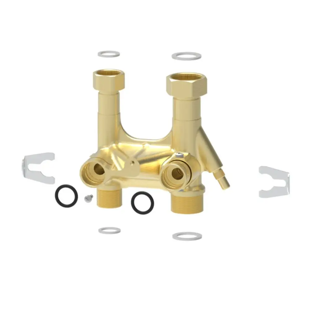 Verteiler von Brötje mit mehreren Anschlüssen und O-Ringen, sowie Montageschalen. Die Komponenten sind in Goldfarbe gehalten und bieten eine zentrale Verteilung von Wasser.