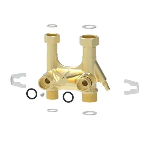 Verteiler von Brötje mit mehreren Anschlüssen und O-Ringen, sowie Montageschalen. Die Komponenten sind in Goldfarbe gehalten und bieten eine zentrale Verteilung von Wasser.