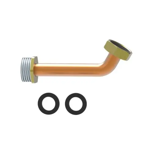 Kupferrohr mit gewinkelter Form und Gewindeanschluss, begleitet von zwei Dichtungsringen, passend für Brötje Warmwassersysteme.