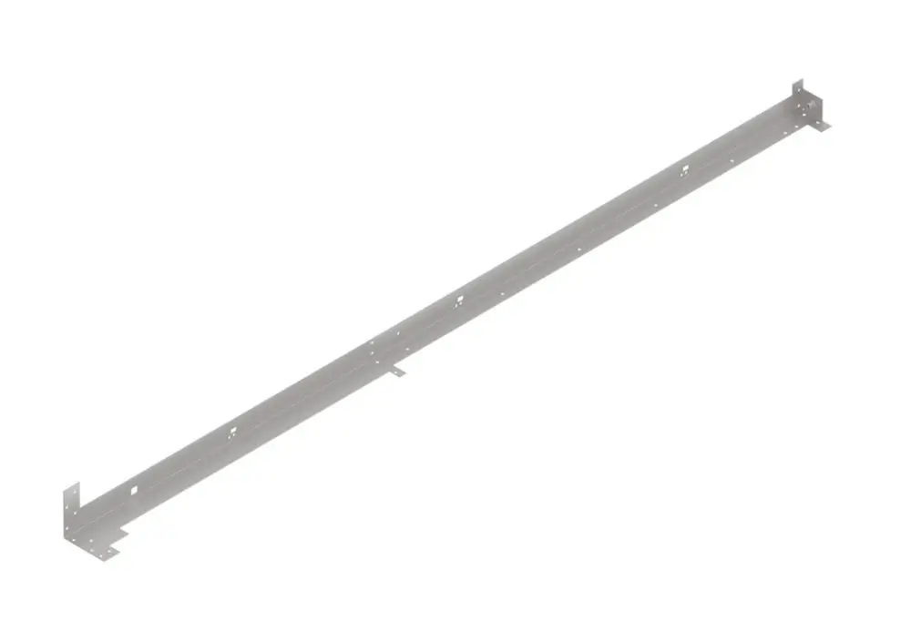 Lange, schmale Metallleiste mit mehreren Löchern zum Befestigen. Befindet sich im Raum und könnte Teil eines Brötje-Systems zur Heizungsinstallation sein.