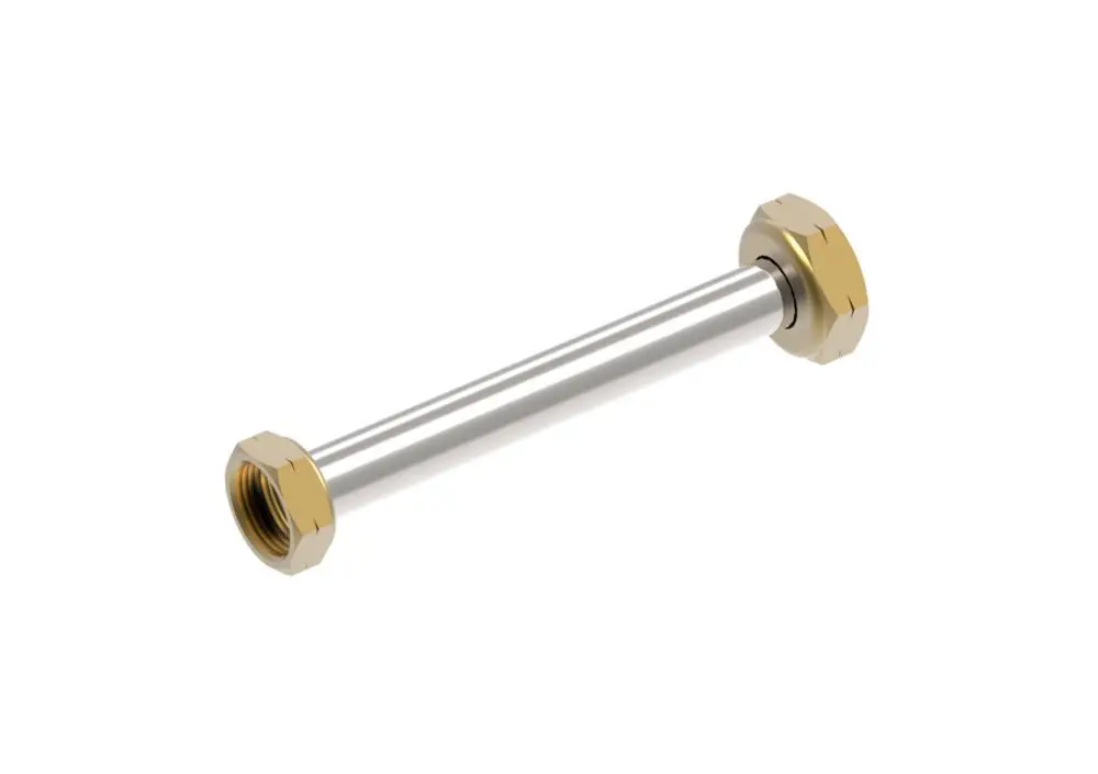 Zwei Messingmuttern an beiden Enden eines langen, geraden Rohrstücks aus Metall, hergestellt von Brötje.
