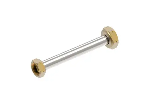 Zwei Messingmuttern an beiden Enden eines langen, geraden Rohrstücks aus Metall, hergestellt von Brötje.