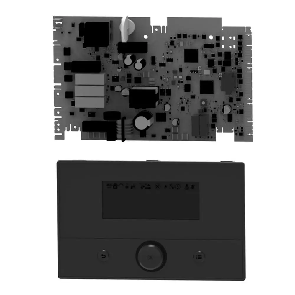 Schaltkreis und Bedienoberfläche eines Regelungsupdates von Brötje. Oben platine mit Bauteilen, unten schwarze Steuerung mit Display und Bedienelementen.