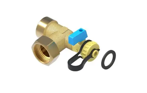 KFE Hahn von Brötje, bestehend aus einem metallischen Gehäuse mit einem blauen Hebel und einem schwarzen Verschlussring, liegend neben einer Gummidichtung.