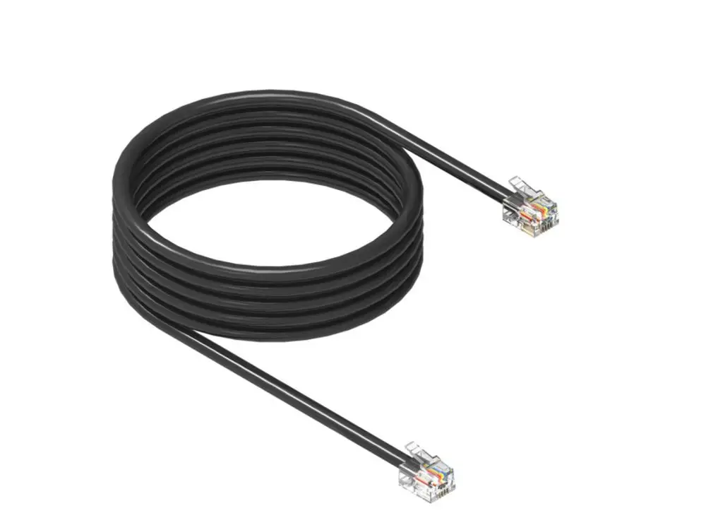 Schwarzes Kabel mit zwei RJ45-Steckern, aufgerollt, geeignet für die Übertragung von Daten, hergestellt von Brötje.