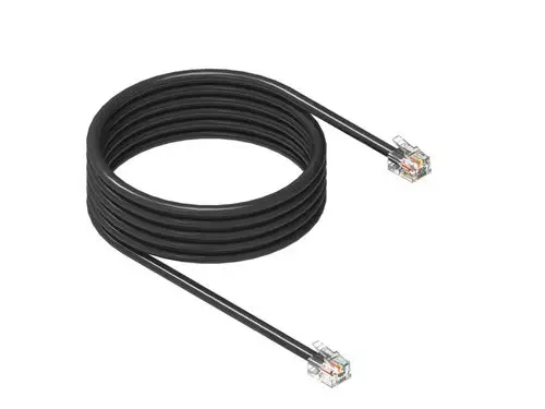 Schwarzes Kabel mit zwei RJ45-Steckern, aufgerollt, geeignet für die Übertragung von Daten, hergestellt von Brötje.