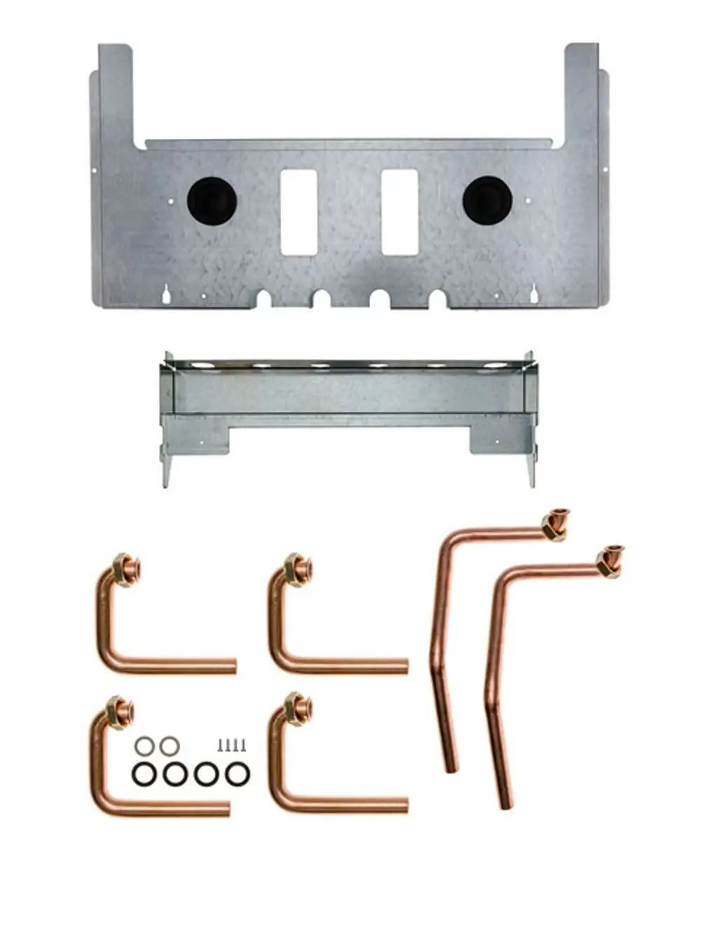 Anschluss-Set mit metallischem Rahmen und mehreren Kupferrohren, geeignet für die Installation in Heizsystemen, hergestellt von Brötje.