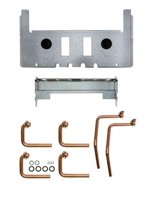 Anschluss-Set mit metallischem Rahmen und mehreren Kupferrohren, geeignet für die Installation in Heizsystemen, hergestellt von Brötje.