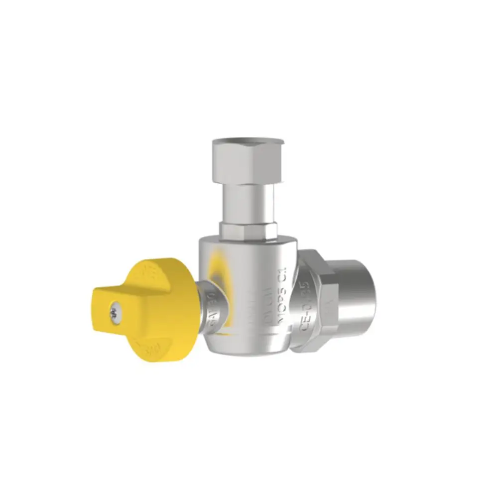 Kugelhahn aus verchromtem Material mit gelben Bedienhebel. Das Produkt gehört zur Marke Brötje und wird häufig in Gasinstallationen eingesetzt.