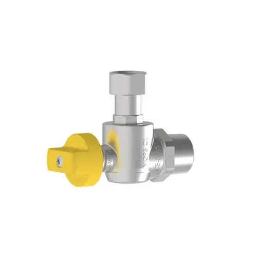 Kugelhahn aus verchromtem Material mit gelben Bedienhebel. Das Produkt gehört zur Marke Brötje und wird häufig in Gasinstallationen eingesetzt.