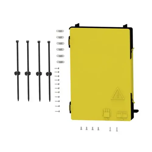 Gelbe Regelungsbox von Brötje mit Zubehör, darunter Befestigungselemente und Kabelbinder, zur Installation in elektrischen Systemen.