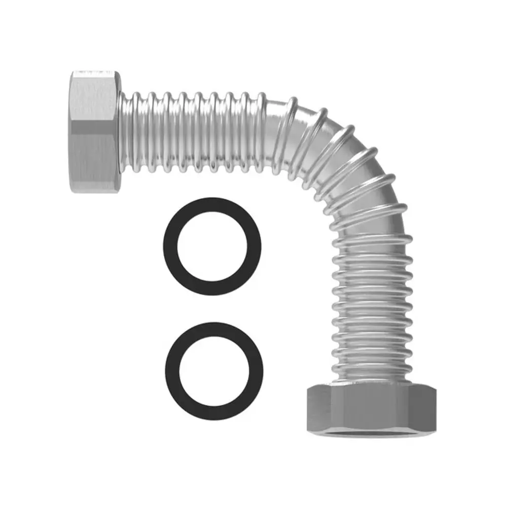 Schlauchwinkel mit gebogenem Anschluss, gefertigt aus Metall, begleitet von zwei schwarzen Dichtungsringen. Produkt von Brötje.
