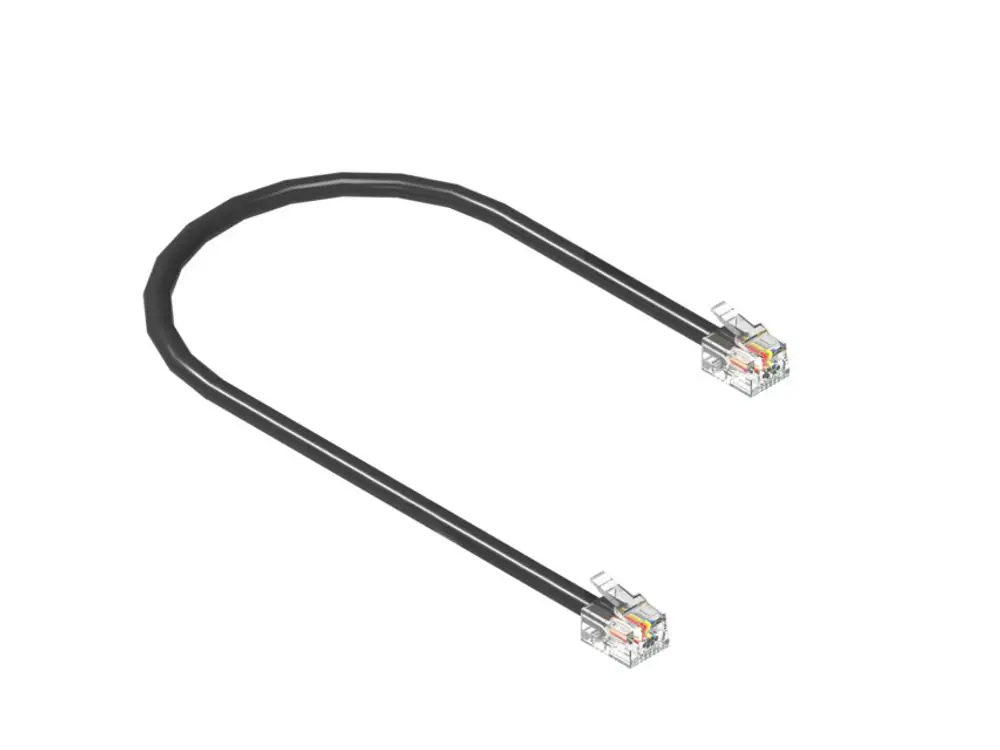 Zwei RJ45-Stecker mit einem schwarzen Kabel, das in einer U-Form verläuft. Die Stecker sind transparent mit farbigen Drähten, passend für Brötje-Produkte.