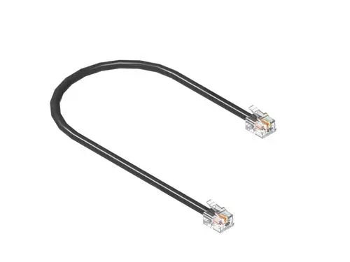 Zwei RJ45-Stecker mit einem schwarzen Kabel, das in einer U-Form verläuft. Die Stecker sind transparent mit farbigen Drähten, passend für Brötje-Produkte.