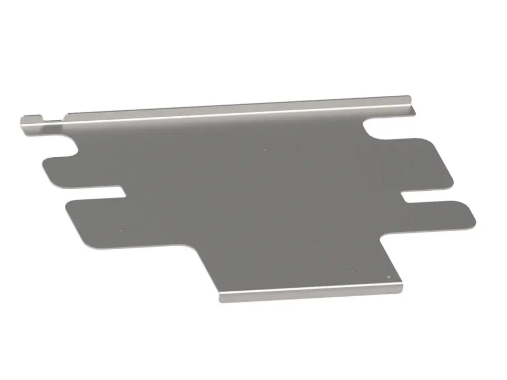 Einfache, flache Metallplatte mit mehreren Ausschnitten und einer seitlichen Kante. Produkt von Brötje, möglicherweise Teil eines größeren Systems oder Geräts.