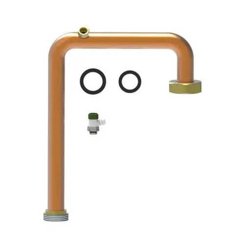 Brötje Rohr mit gebogenem Design, ausgestattet mit einem Anschluss und zwei O-Ringen. Ein weiteres Teil ist eine kleine Pumpe mit grünem Element.
