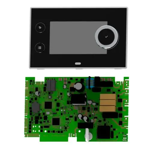 Regelungskomponente von Brötje, bestehend aus einem Bildschirm und einer grünen Platine, die elektronische Bauteile und Verbindungen zur Steuerung enthält.