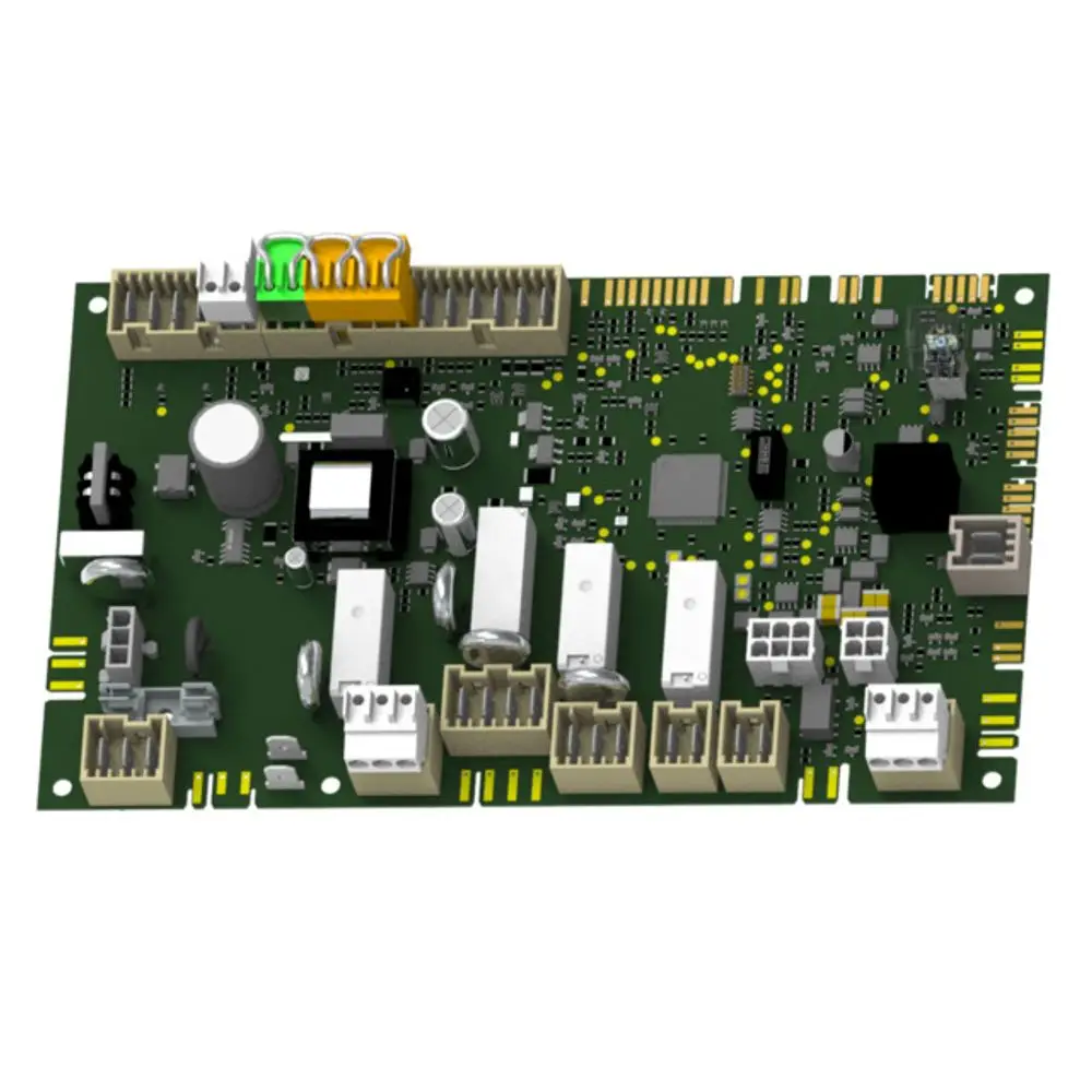 Leiterplatte mit verschiedenen elektronischen Bauteilen, darunter Widerstände, Kondensatoren und Anschlüsse, hergestellt von Brötje.