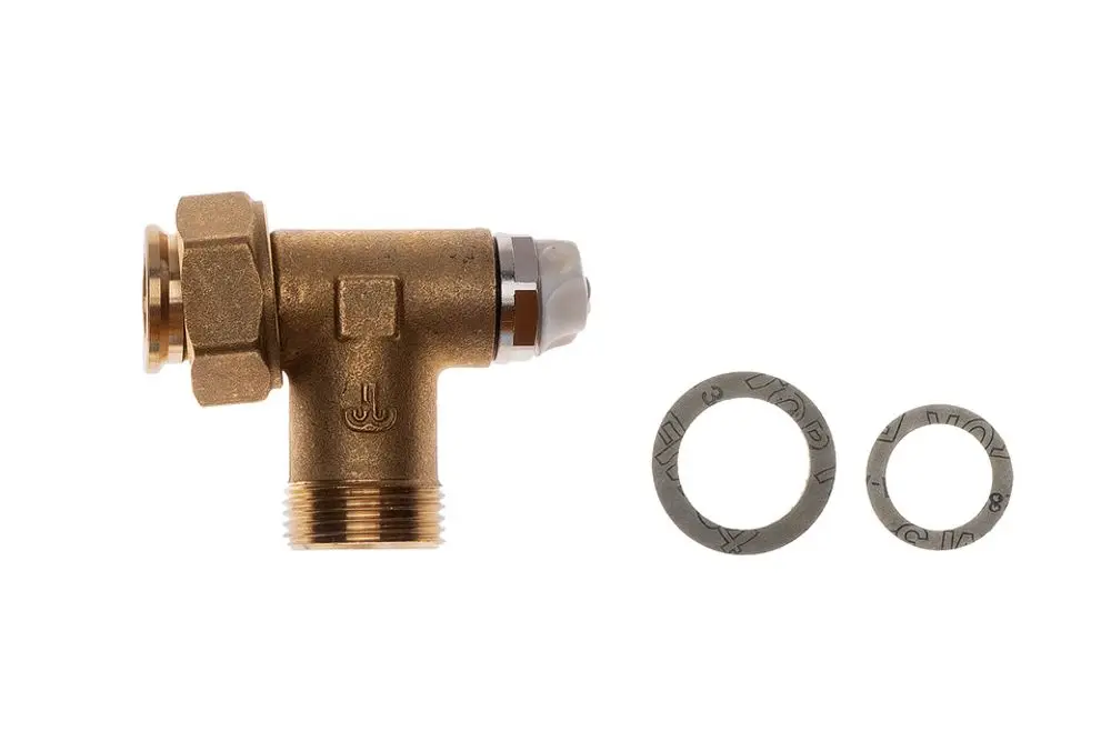 Winkelstück aus Bronze mit Gewindeanschlüssen, versehen mit Dichtungen. Produkt von Brötje, passend für Heizungsinstallationen.