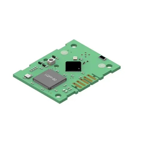 Grüne Leiterplatte mit verschiedenen elektrischen Bauteilen und einem Mikrochip. Das Produkt gehört zur Marke Brötje und ist für die Anwendung in Smart Antennen konzipiert.
