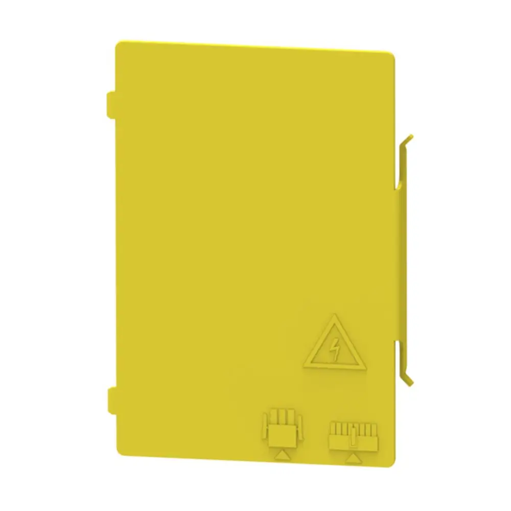 Gelber Kunststoffdeckel für eine Regelungsbox von Brötje, mit Symbolen für elektrische Sicherheit und Bedienhinweisen.