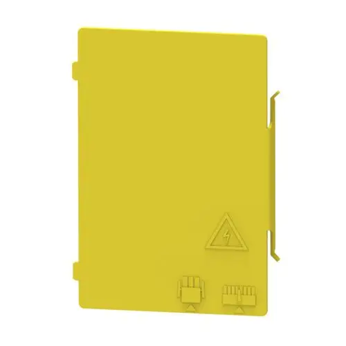 Gelber Kunststoffdeckel für eine Regelungsbox von Brötje, mit Symbolen für elektrische Sicherheit und Bedienhinweisen.