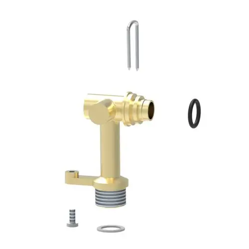 Bild eines Hydroblock-Teils von Brötje, bestehend aus einer goldenen Komponente mit O-Ringen, einer Schraube und einem Clip, die separat angeordnet sind.