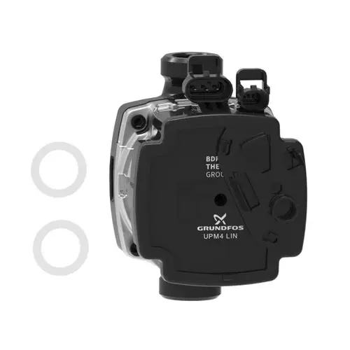 Schwarze Pumpe mit transparentem Gehäuse, erkennbar das Markenlogo von Brötje. Zu sehen sind neben der Pumpe zwei Dichtungsringe.
