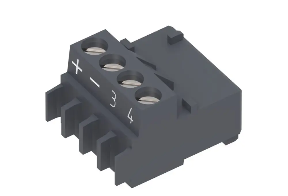 Grau gefärbter Stecker mit vier Anschlüssen, beschriftet mit + und - sowie den Zahlen 3 und 4. Verwendet in Verbindung mit einem Feuchtefühler von Brötje.