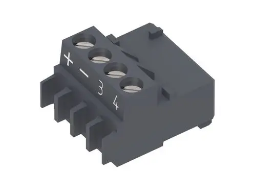 Grau gefärbter Stecker mit vier Anschlüssen, beschriftet mit + und - sowie den Zahlen 3 und 4. Verwendet in Verbindung mit einem Feuchtefühler von Brötje.