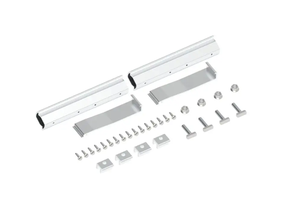 Ersatzteilset von Brötje, bestehend aus zwei Aluminiumprofilen, Schrauben, Unterlegscheiben und Verbindungsteilen, geeignet für verschiedene Anwendungen.