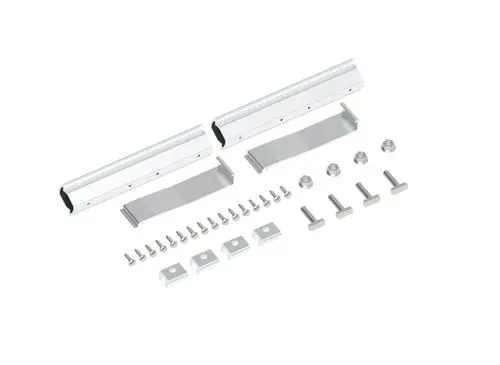 Ersatzteilset von Brötje, bestehend aus zwei Aluminiumprofilen, Schrauben, Unterlegscheiben und Verbindungsteilen, geeignet für verschiedene Anwendungen.