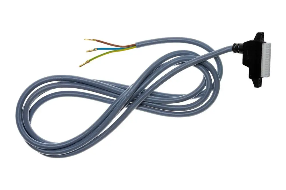 Netzkabel mit einem Stecker und freiliegenden Drähten in grauer Isolierung, hergestellt von Brötje, geeignet für den Anschluss elektrischer Geräte.