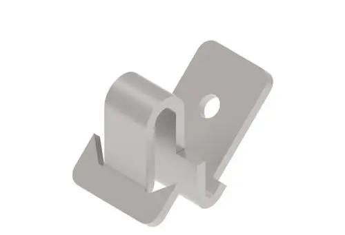 Erdungsklemme von Brötje, aus Metall mit gebogenen und flachen Komponenten zur Befestigung, dargestellt in drei Dimensionen.
