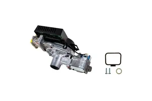Brötje Gebläsemotor mit integriertem Steuergerät, verbunden mit elektrischen Anschlüssen, begleitet von Montageschrauben und Dichtungsring.
