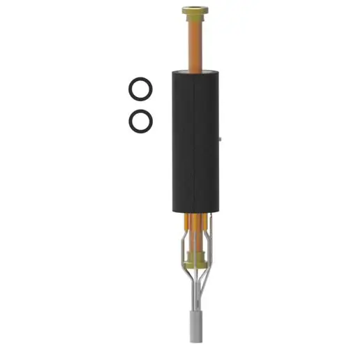 Heizelement von Brötje mit schwarzem Gehäuse und mehreren Anschlüssen, begleitet von zwei O-Ringen für Dichtungen.
