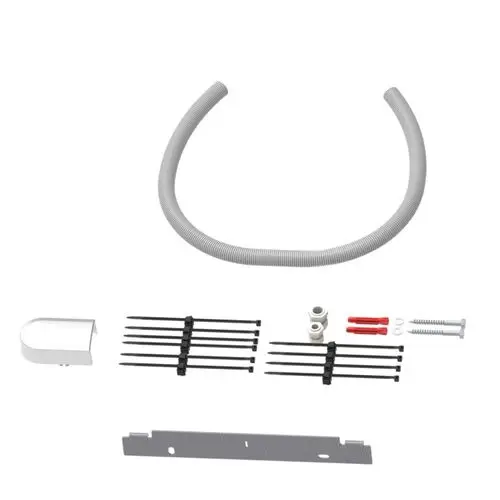 Montageset mit einem flexiblen Schlauch, Verbindungselementen, Kabelbindern und Schrauben. Teile für die Installation von Brötje-Geräten.