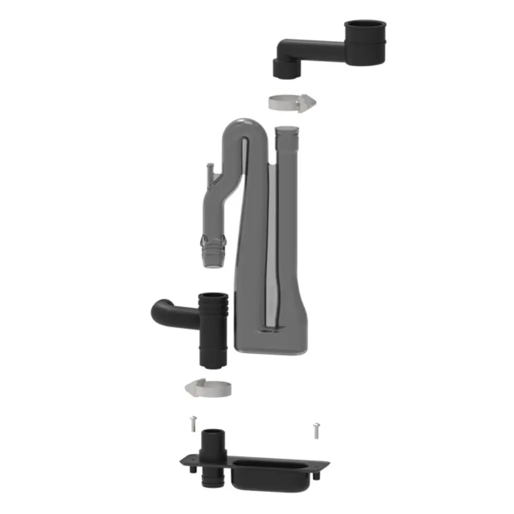 Siphon-Set von Brötje, bestehend aus mehreren Kunststoffteilen, die zur Wasserableitung in sanitären Anlagen verwendet werden. Übersichtliche Anordnung der Komponenten.