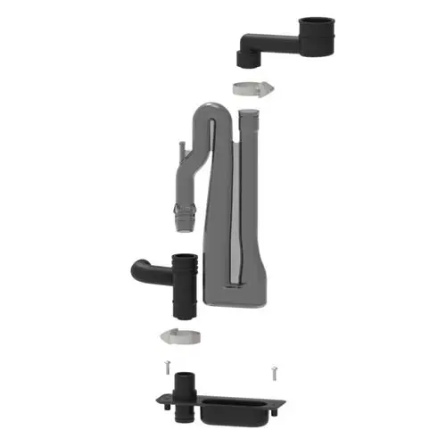 Siphon-Set von Brötje, bestehend aus mehreren Kunststoffteilen, die zur Wasserableitung in sanitären Anlagen verwendet werden. Übersichtliche Anordnung der Komponenten.
