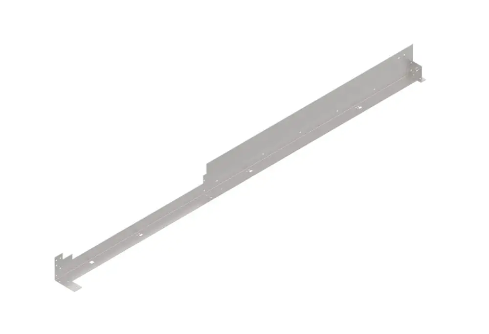 Lange, metallische Halterung in neutraler Farbe, eventuell von Brötje, mit mehreren Bohrungen zur Befestigung an Wänden oder anderen Oberflächen.