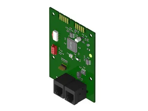 Grüne Leiterplatte mit verschiedenen elektronischen Komponenten und zwei Anschlüssen. Produkt von Brötje, möglicherweise für Kommunikationszwecke in technischen Anwendungen.