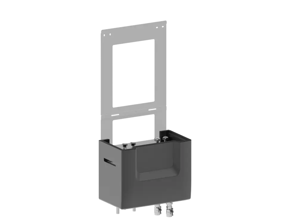 Zubehörsatz zur Montage eines Wasserspeichers, bestehend aus einem schwarzen Gehäuse mit einer Halterung aus Metall. Produkt von Brötje.