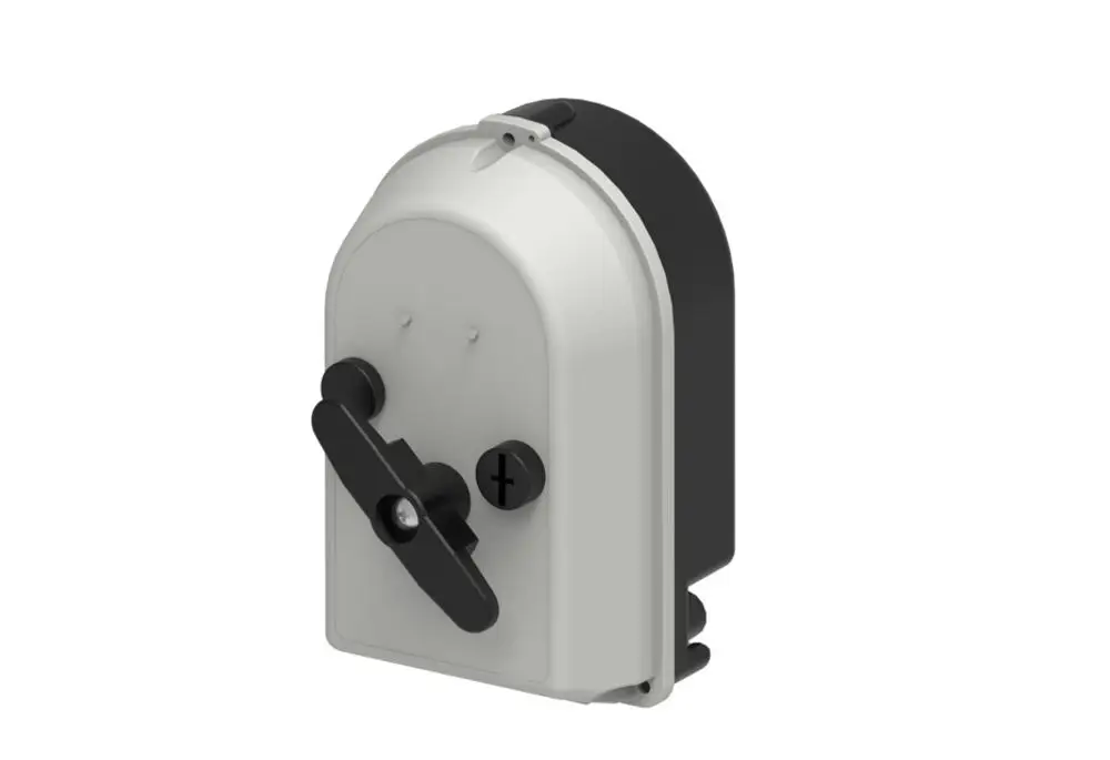Brötje Ventilstellantrieb mit einer schwarzen Bedienung und einer hellen Gehäuseteil, das für die Steuerung von 3/2-Wege-Ventilen konzipiert ist.