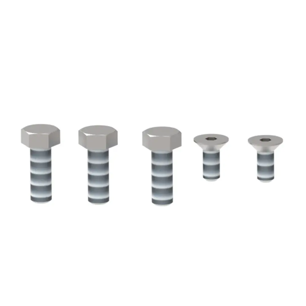 Schraubensatz bestehend aus verschiedenen Schrauben, möglicherweise für die Montage von Brötje-Brennerrohren, angeordnet in grauem und metallischem Design.